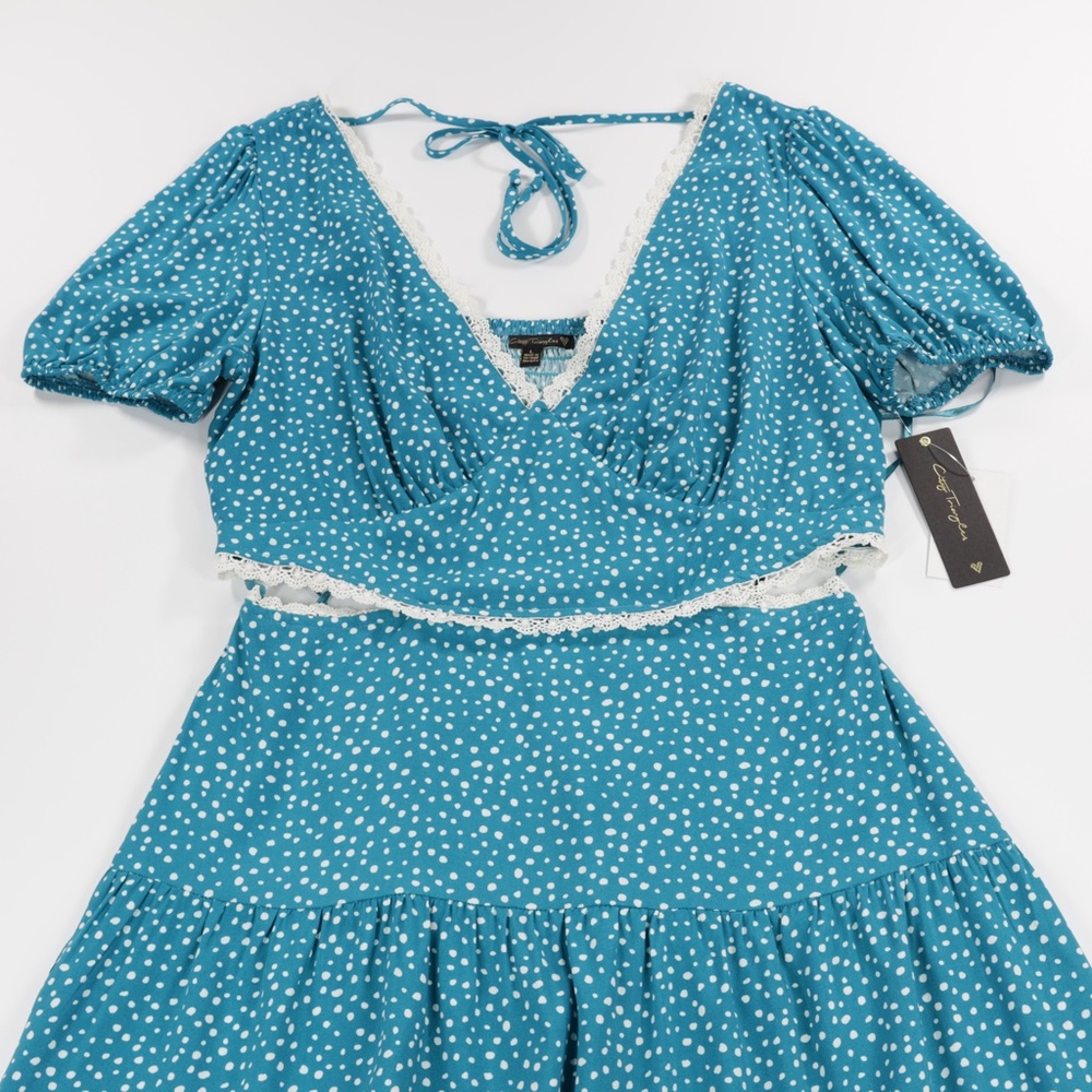 City Triangles Women's V Neck Puffed Sleeve Dot Woven Flare Dress Green Size L - Picture 2 of 9
